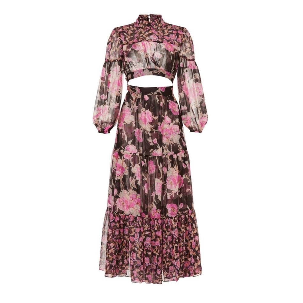 MISA Charlotta Black Pink Floral Print Long Sleeve Open Back Maxi Dress Size XL - Picture 8 of 12